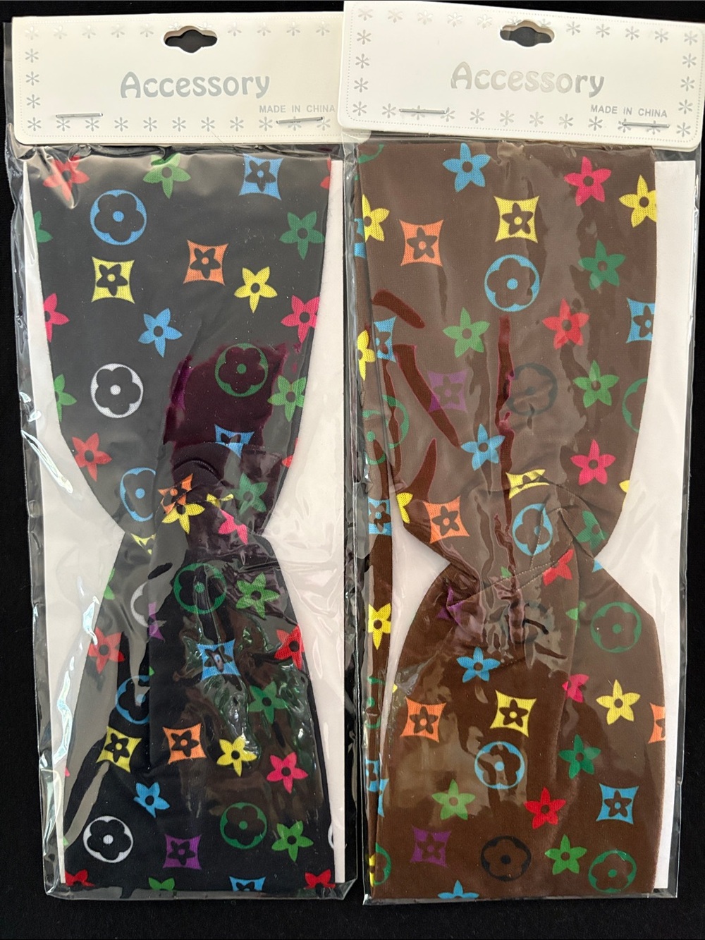 Multicolor Fashion Print Stretch Headband - Black and Brown Set Of 2